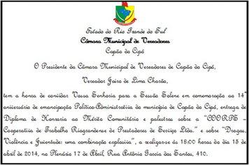 SESSÃO SOLENE EM HOMENAGEM AOS 14 ANOS DE CAPÃO DO CIPÓ E ENTREGA DE DIPLOMA DE 
