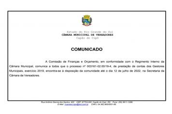 COMUNICADO SOBRE CONTAS DE GESTÃO DOS ADMINISTRADORES DO EXECUTIVO MUNICIPAL, EXERCÍCIO 2019