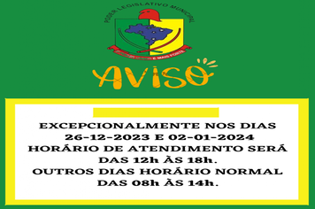 HORÁRIO EXPEDIENTE DIAS 26/12/2023 E 02/01/2024