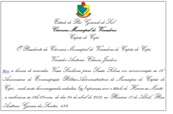 CONVITE SESSÃO SOLENE EM COMEMORAÇÃO AO 18º ANIVERSÁRIO DE EMANCIPAÇÃO POLÍTICO-ADMINISTRATIVA DE CAPÃO DO CIPÓ