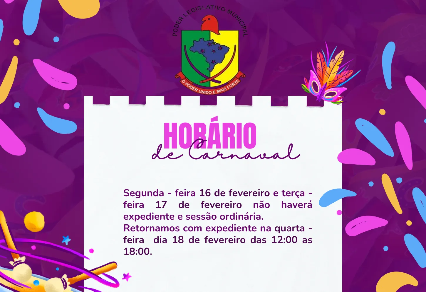 Horário de expediente feriado de carnaval 2026