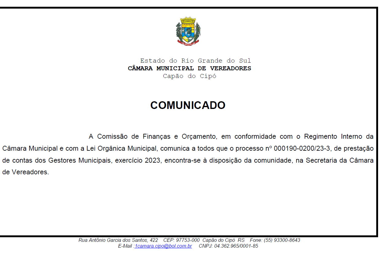 Comunicado sobre, prestação de contas dos Gestores Municipais, exercício 2023.