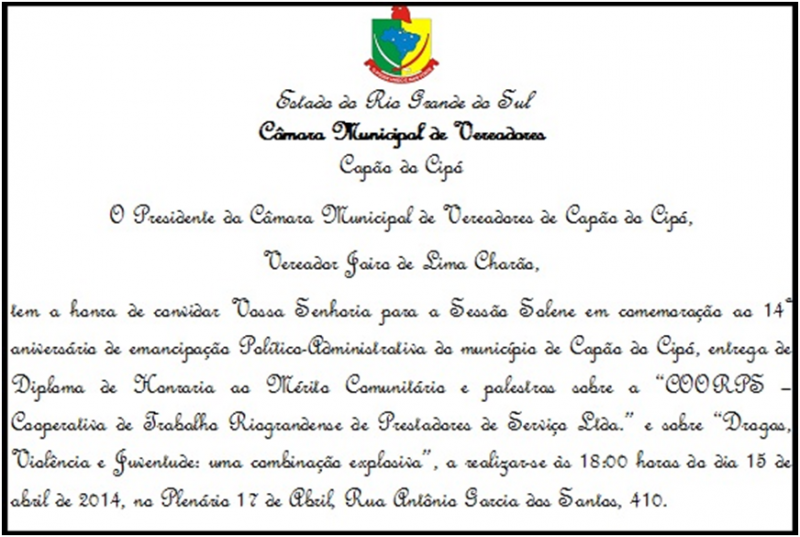 SESSÃO SOLENE EM HOMENAGEM AOS 14 ANOS DE CAPÃO DO CIPÓ E ENTREGA DE DIPLOMA DE 