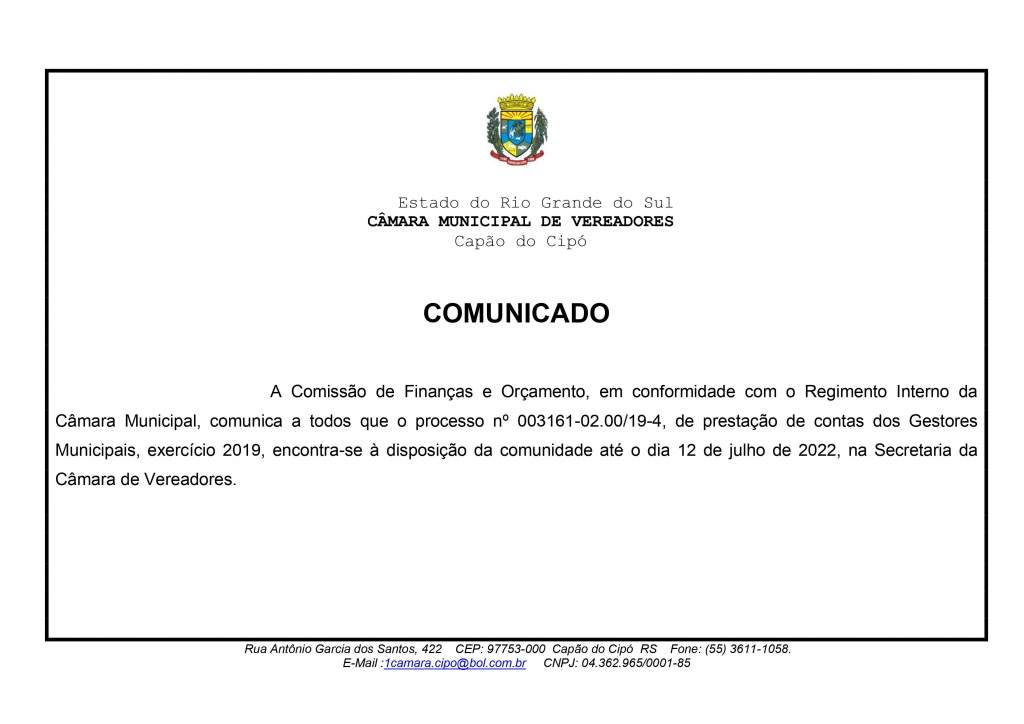 COMUNICADO SOBRE CONTAS DE GESTÃO DOS ADMINISTRADORES DO EXECUTIVO MUNICIPAL, EXERCÍCIO 2019