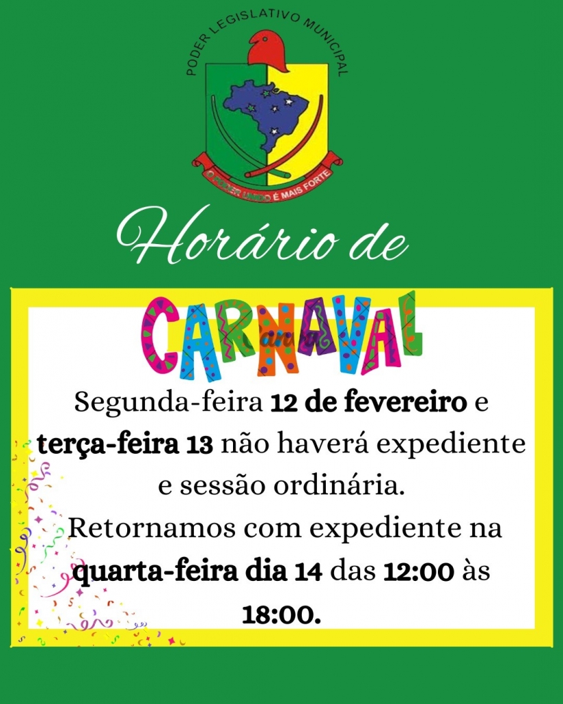 HORÁRIO EXPEDIENTE SEMANA DO CARNAVAL 2024